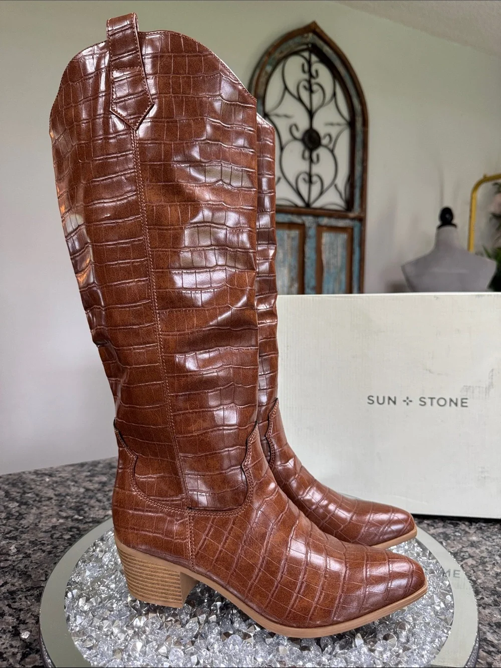 Sun + Stone Croc-Embossed Tall Brown dolly Boots NEW 8.5